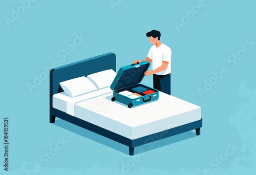 A person in a white shirt and black pants opens a suitcase packed with clothes on a bed with white sheets