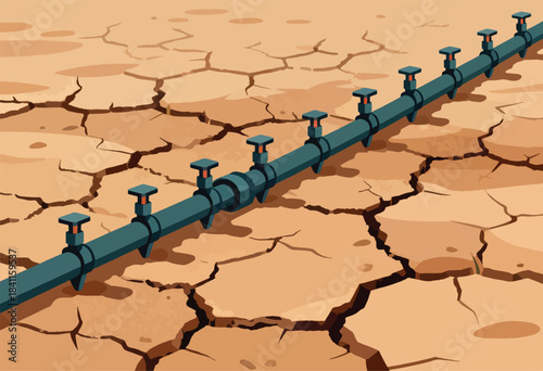 Illustration of a cracked, dry landscape with irrigation pipes and valves, suggesting water scarcity