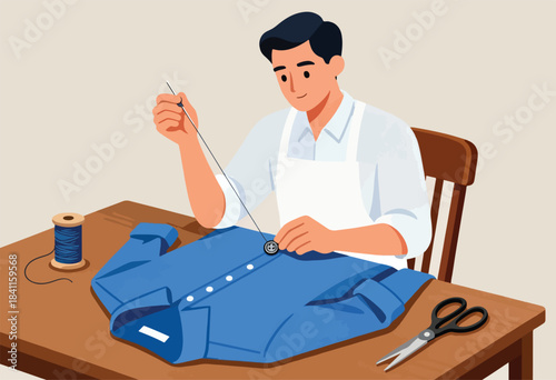 A smiling tailor, in white apron, sews a button onto a blue shirt laid on a wooden table, beside scissors and thread