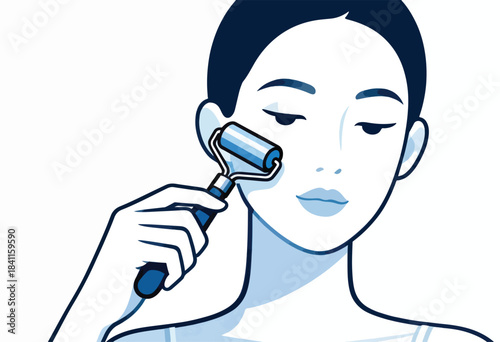 Vector illustration of a woman using a facial roller, with cool blue tones and a minimalist style
