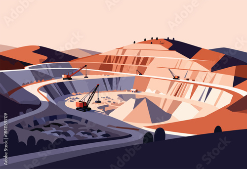 Stylized illustration of a large open-pit mine, with terraced sides, machinery, and muted earthy tones