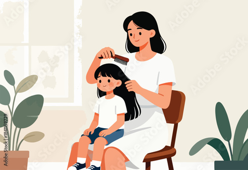 A mother combs her daughter's hair while they are seated indoors. Plants are present. Neutral tones