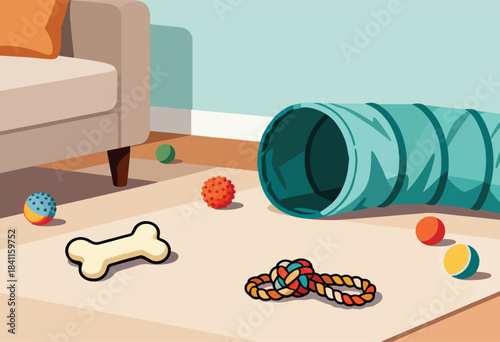 An inviting interior illustration features a tan sofa with an orange pillow, and assorted pet toys