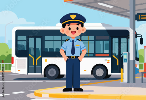 A cartoon bus driver stands at a bus stop with a white bus, ready to serve passengers