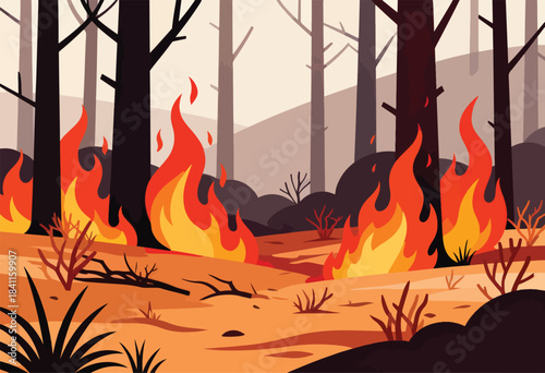 A stylized illustration of a forest fire with flames and sparse trees, in warm shades