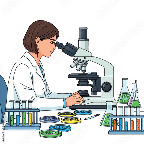 A female scientist in a lab coat examines a sample through a microscope surrounded by various test tubes and petri dishes on a laboratory table.