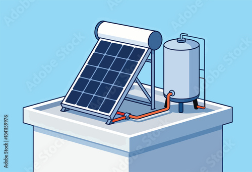 A diagram of a solar water heater system on a rooftop, with a solar panel, tank, and pipes