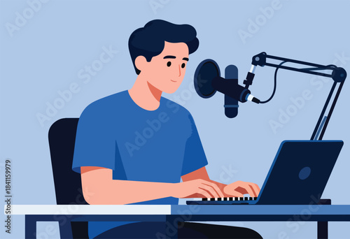 Illustration depicts a person using a laptop with a microphone, representing podcasting or online audio content creation
