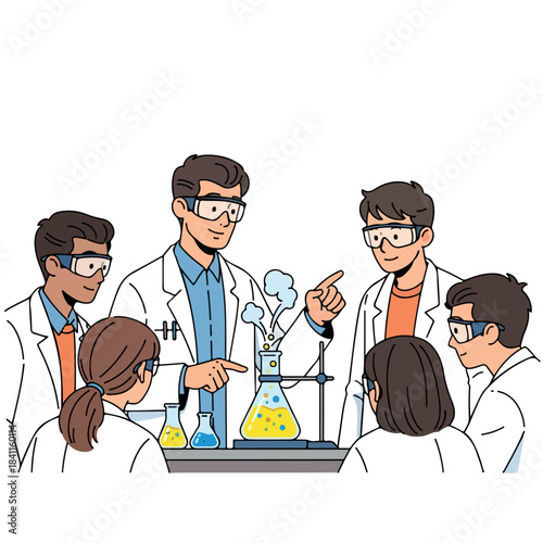 A group of diverse students and teachers in lab coats gathered around a chemistry experiment with beakers and equipment in a science classroom setting.