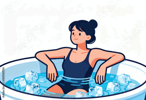A relaxed woman in a swimsuit sits in an ice bath, surrounded by ice cubes, with a serene expression