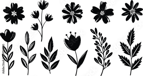 Collection of black and white floral silhouettes and folk art flower designs