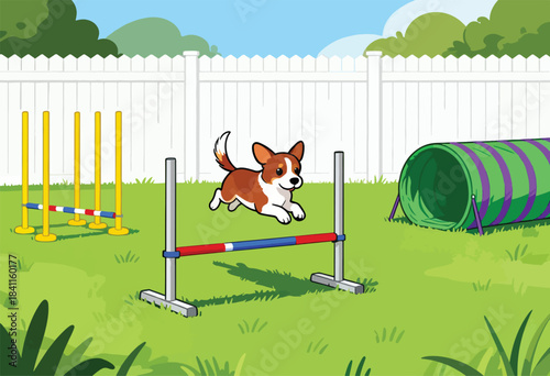 Cartoon dog jumps over agility bar in a grassy yard, with a white fence, tunnel, and other agility obstacles