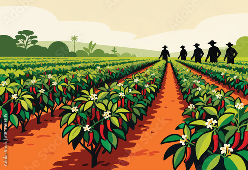 An illustration depicting a field of red chili peppers with green leaves and white flowers, with farmers in silhouette