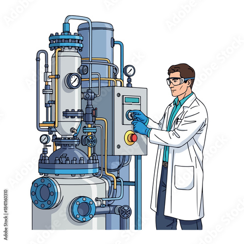 A scientist in a white lab coat operates a complex industrial machine with a control panel in a laboratory setting with a predominantly blue and gray color scheme.