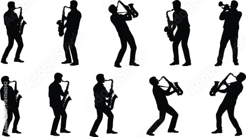 Jazz Band Players Performing with Saxophone and Trumpet in Various Poses, Flat Graphic Design for Poster or CAD Drawing