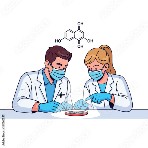 Two scientists in lab coats and masks examining a petri dish with a chemical structure in the background, conveying a scientific and analytical mood.