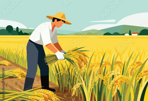 An illustration shows a person harvesting a field of golden crop. Background includes a blue sky, mountains, and trees