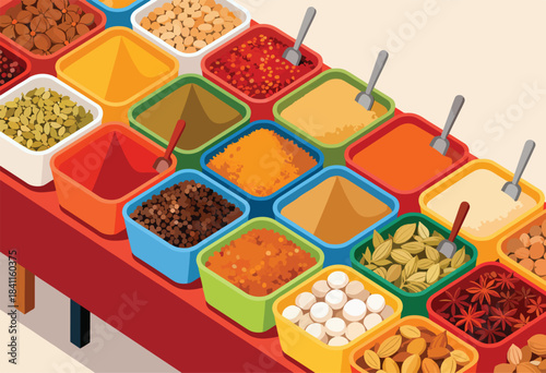 An isometric view of colorful spice containers with scoops, arranged on a red table. Various spices are present