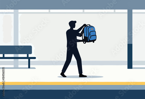 Silhouette of a person at a train station carrying a blue backpack with wheels, illustration
