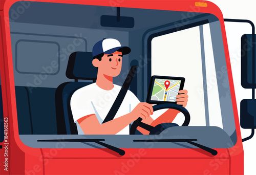 An illustration shows a smiling driver in a truck, using a GPS device for navigation. The red cab's visible