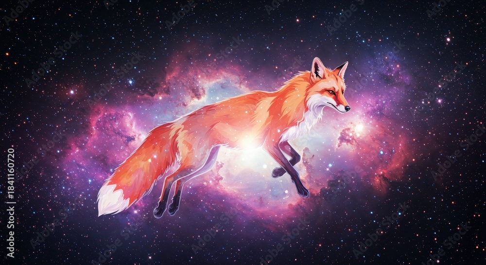 Fototapeta premium Celestial Fox: A vibrant fox elegantly navigates the cosmic expanse, a vivid tapestry of nebulae and stars serving as the backdrop for this surreal composition. 