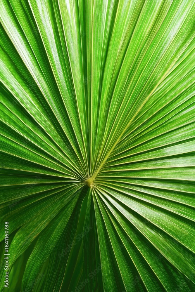 Obraz premium Vibrant green palm frond, radial symmetry, vertical view