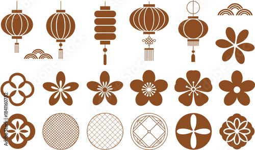 Brown and white floral and lantern patterns on white background