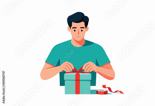 An illustrated person in a teal shirt ties a red ribbon around a light blue gift box. A roll of tape rests nearby