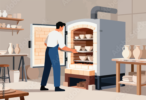 A person loads pottery bowls into a kiln in a studio, ready for firing. Various ceramic items are on shelves