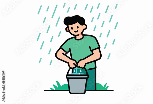 A person in the rain is collecting rainwater in a bucket, simple illustration style