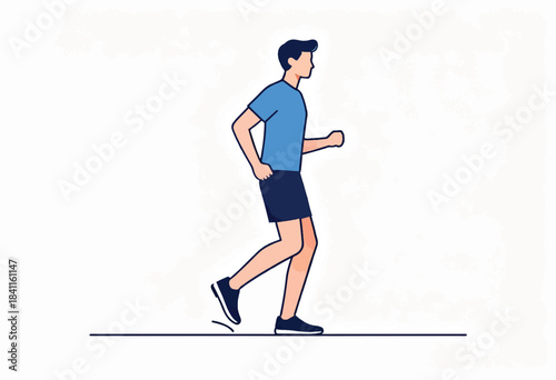 A flat illustration of a person running. Light blue shirt, dark shorts and shoes. White backdrop