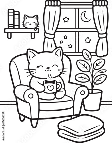 A Cozy Cat Enjoying a Warm Drink at Night