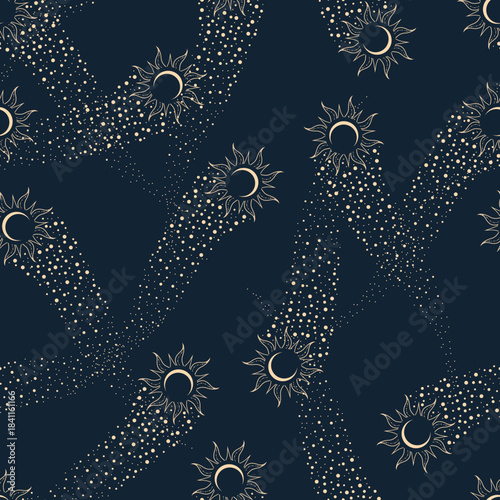 Vector seamless pattern with stars. Mystical esoteric background for design of fabric, packaging, astrology, phone case, wrapping paper.