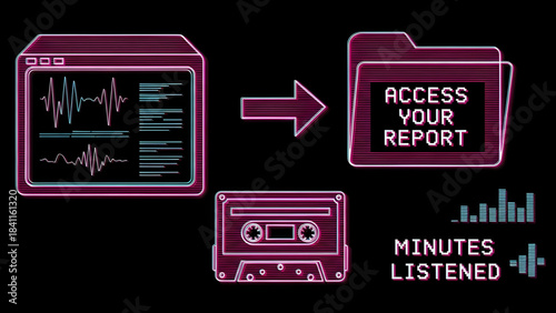 Vibrant neon graphic illustrating digital audio analysis converting retro sound waves from a cassette into an accessible report and tracking listening duration