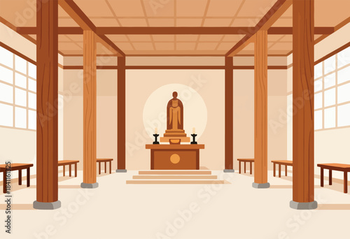 A serene interior with a central figure in an alcove, surrounded by wooden beams and benches. Windows offer natural light