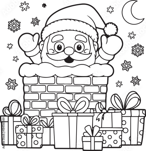 Jolly Santa Peeking from Chimney with Presents