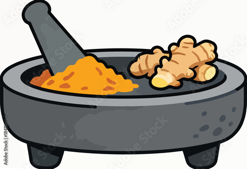 An illustration shows a mortar with ingredients inside, ginger root and orange spices, with a pestle