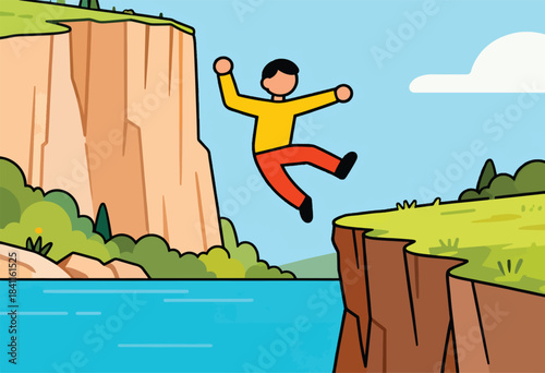 Cartoon figure leaping across a chasm between two cliffs, set against a blue sky with a cloud and water