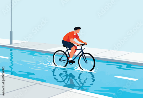 A cyclist in an orange shirt pedals through a large puddle on a rainy day, water splashing
