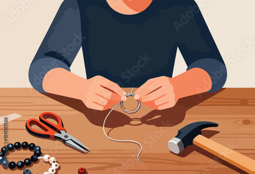 A person crafting jewelry at a wooden table. Tools and beads are present. Illustration style with flat colors