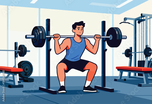 A muscular man squats in a gym with a barbell, surrounded by workout equipment. Gym environment