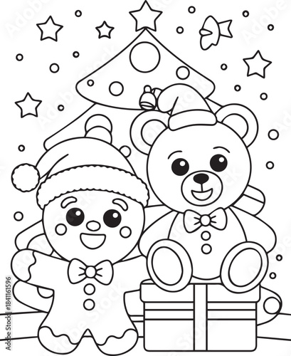 Christmas Coloring Page With Gingerbread Man And Teddy Bear