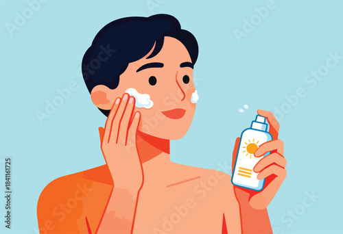 A person applies sunscreen from a bottle onto their face in an illustration style, protecting from sun