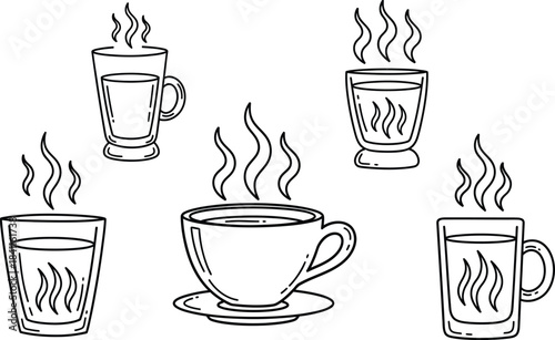 Collection of various coffee cup and mug doodles in line and solid styles, featuring takeaway and classic designs, isolated on white background vector illustration