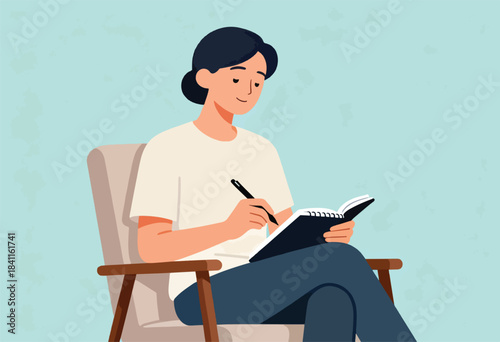 A person, seated in a chair, writes in a notebook with a black pen, looking peaceful. Pale blue background
