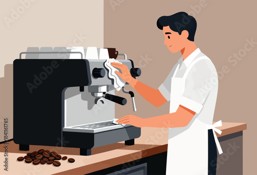 A barista in a white apron cleaning a coffee machine with a cloth, brown coffee beans on the counter