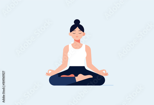 A meditating figure in lotus position with eyes closed and serene expression against a soft background