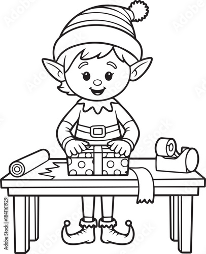 Happy Christmas elf busy wrapping a special present