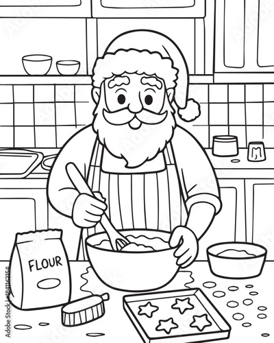 Santa Claus busy baking treats in his kitchen