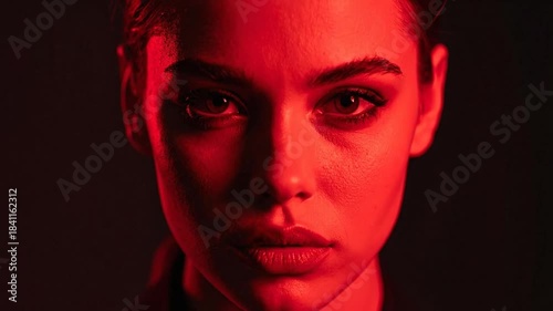 Intense Portrait of Woman in Red Lighting, Dramatic Look.
